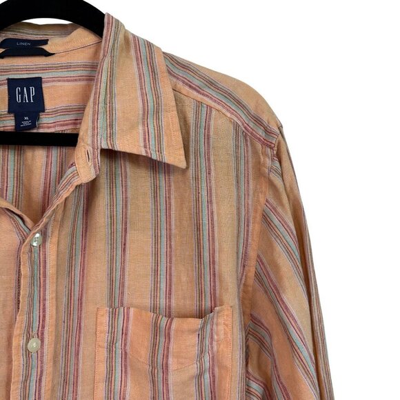 Gap Men's 100% Linen Striped Orange Vibrant Button Down Shirt Size XL - Picture 3 of 11